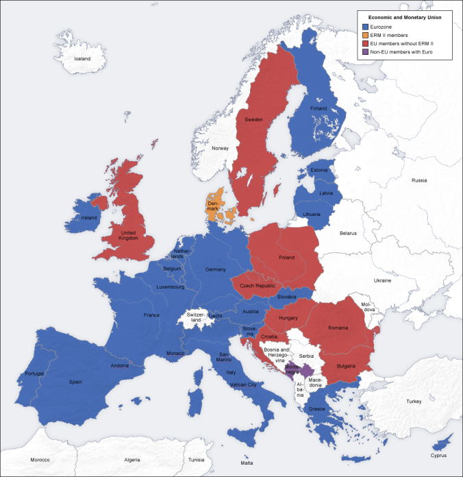 Blue countries are in the eurozone. Red countries are in the EU, but not the eurozone. The purple countries have adopted the euro but aren't in the EU. Denmark has its own currency, but it's pegged to the euro.